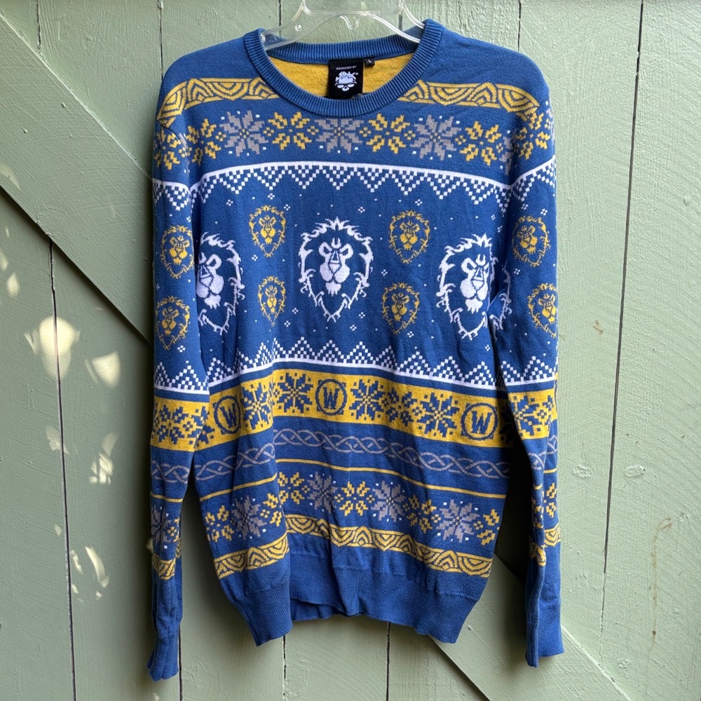 Jinx World of Warcraft Men's Blue & Gold Patterned Crewneck Sweater